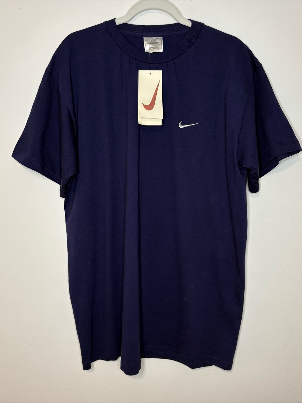 Vintage 90s Nike Swoosh T-Shirt Mens Large Navy Blue Embroidered Logo Tee